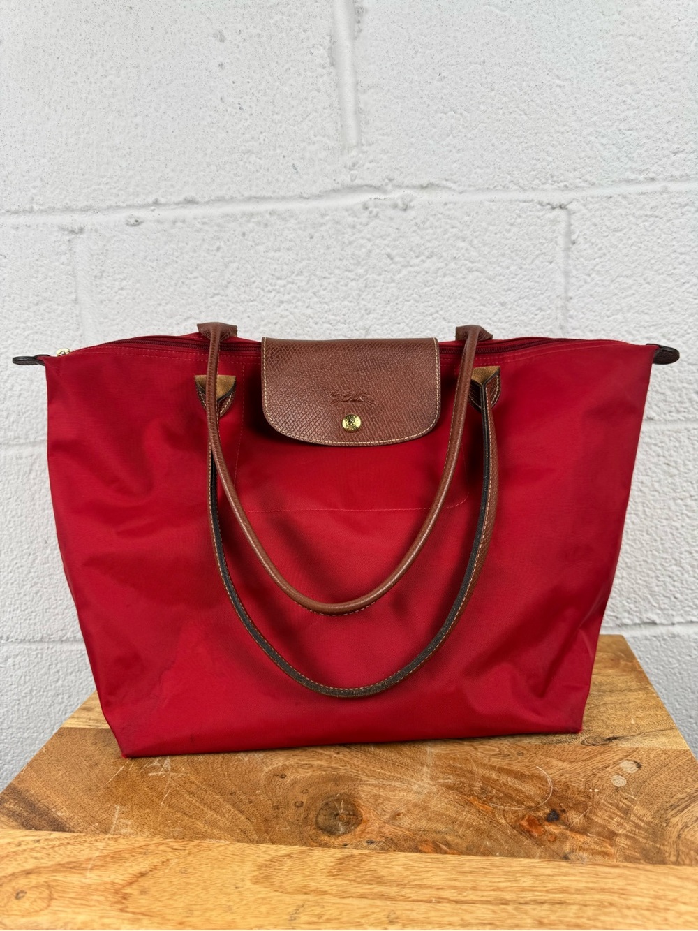 Longchamp Le Pliage Large Shoulder Tote Bag – Red Nylon & Brown Leather